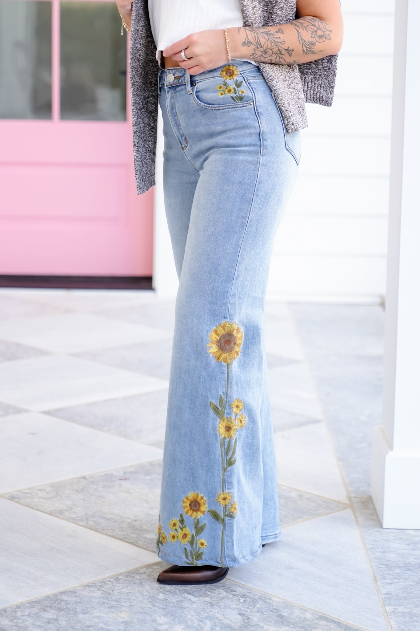 Light Wash Embroidered Sunflower Denim Jeans