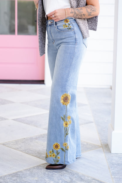 Light Wash Embroidered Sunflower Denim Jeans