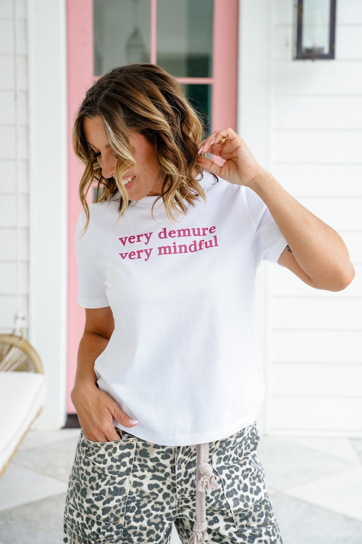 Plus/Reg White Short Sleeve "Very Demure Very Mindful" Graphic Tee