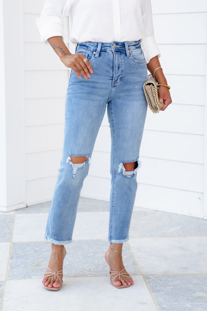 RFM High Rise Light Wash Step Fray Hem Slim Straight Leg Jeans