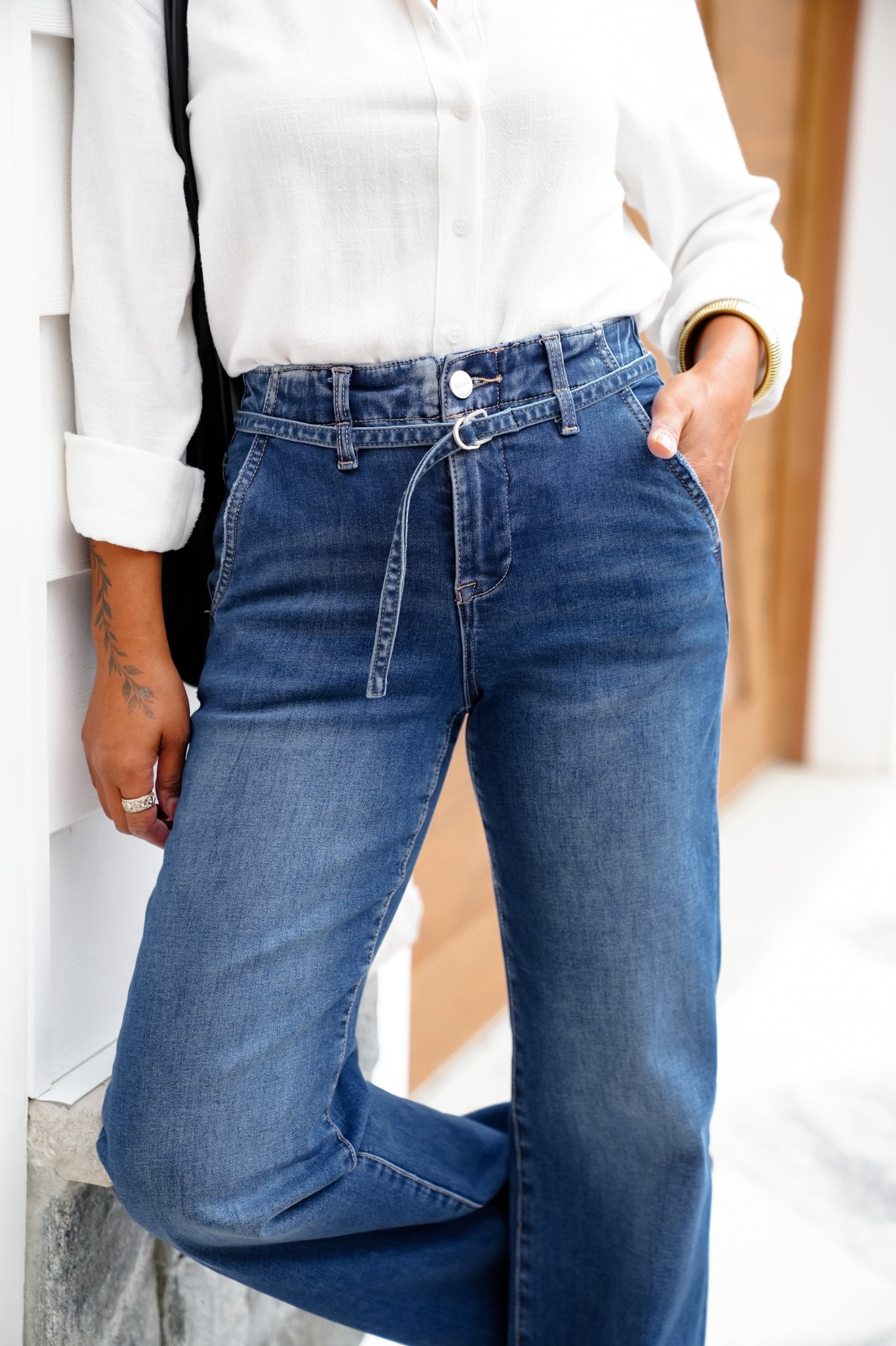 Risen High Rise Dark Wash Wide Leg Jeans with Belt