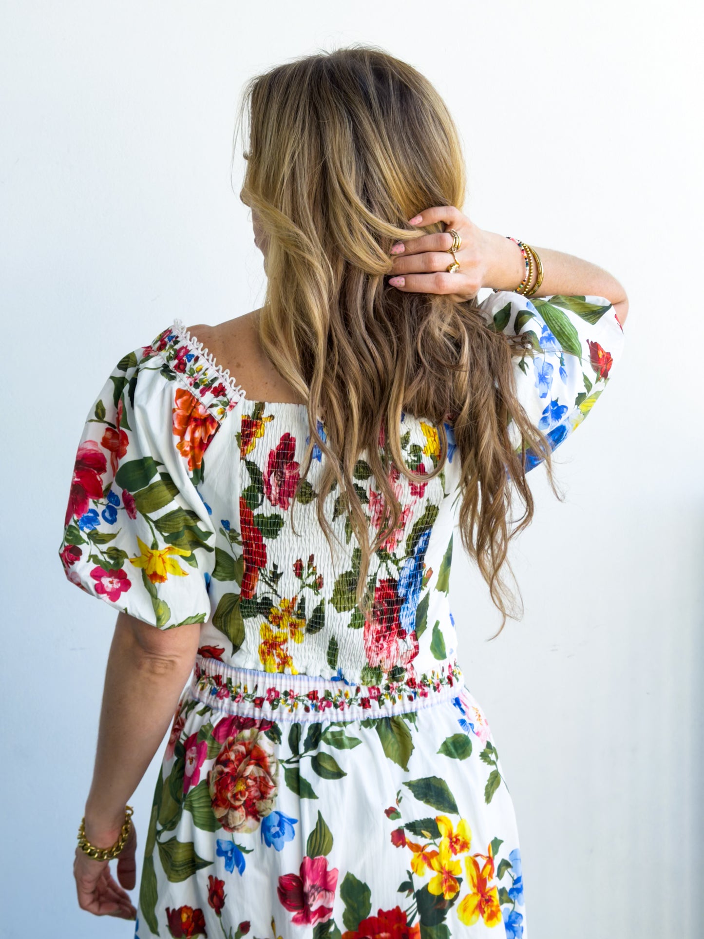 Floral Border Puff Sleeve Smocked Crop Top