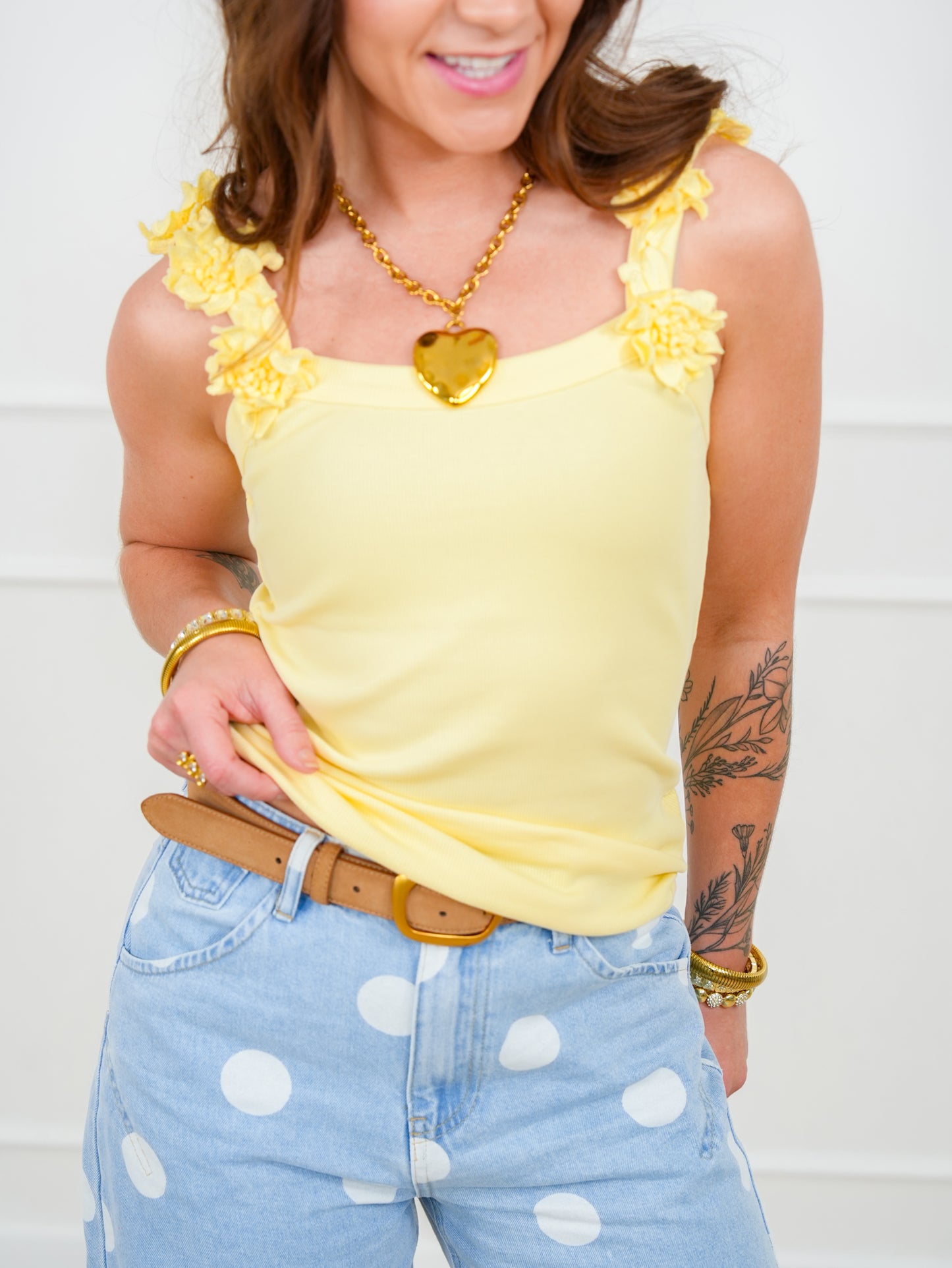 Yellow Ribbed Knit Sleeveless Flower Strap Tank Top