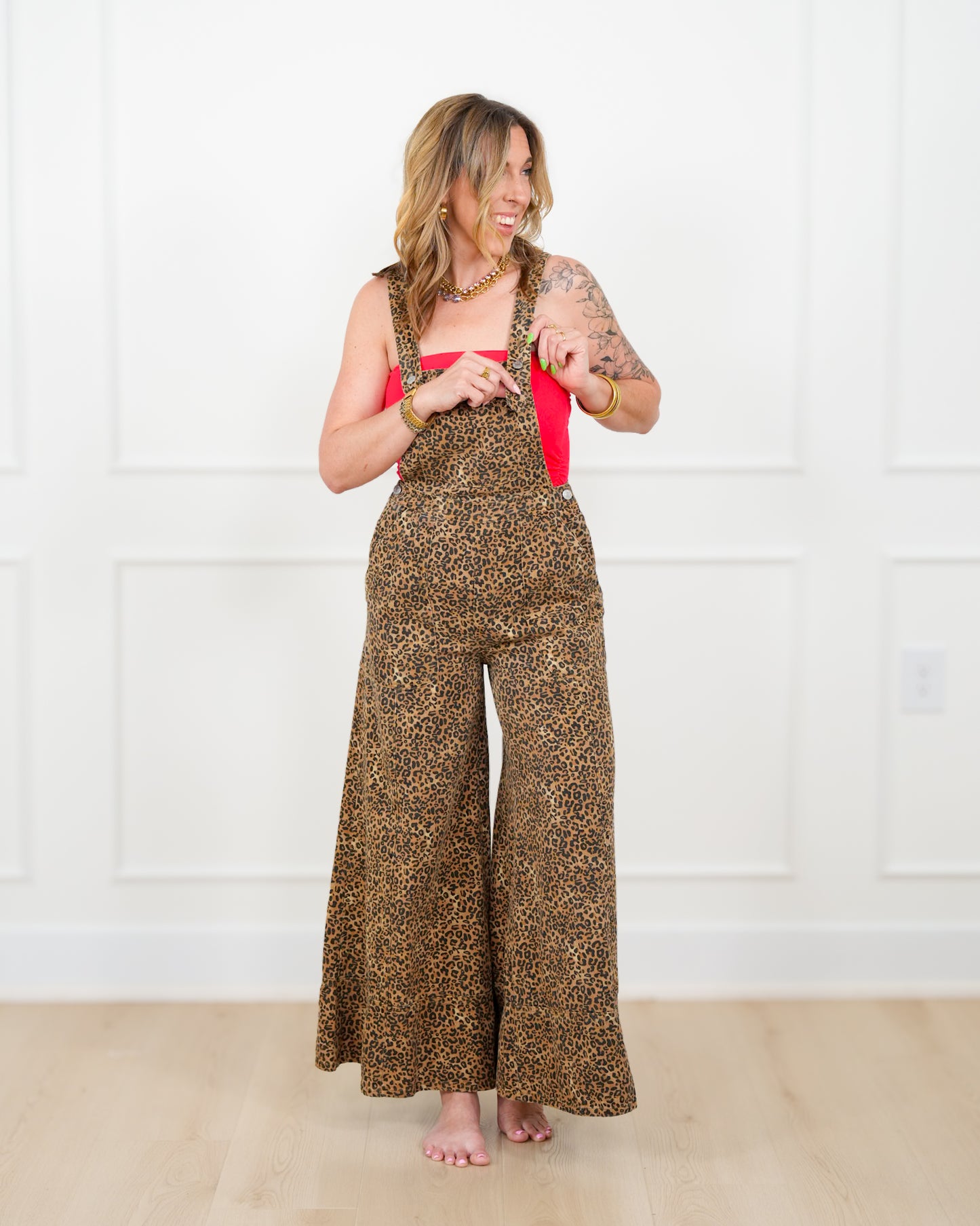Plus/Reg Leopard Print Wide Leg Overall