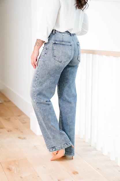 Risen Mid Rise Medium Wash Relaxed Fit Baggy Jeans with Patch Pockets