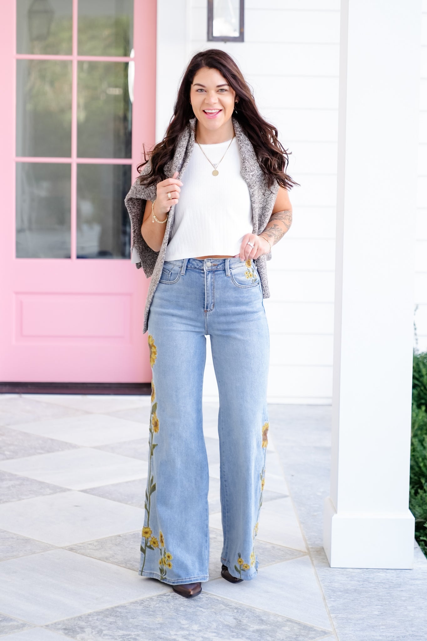 Light Wash Embroidered Sunflower Denim Jeans