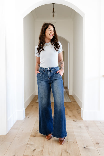 Risen High Rise Dark Wash Wide Leg Jeans with Front Yoke Seam