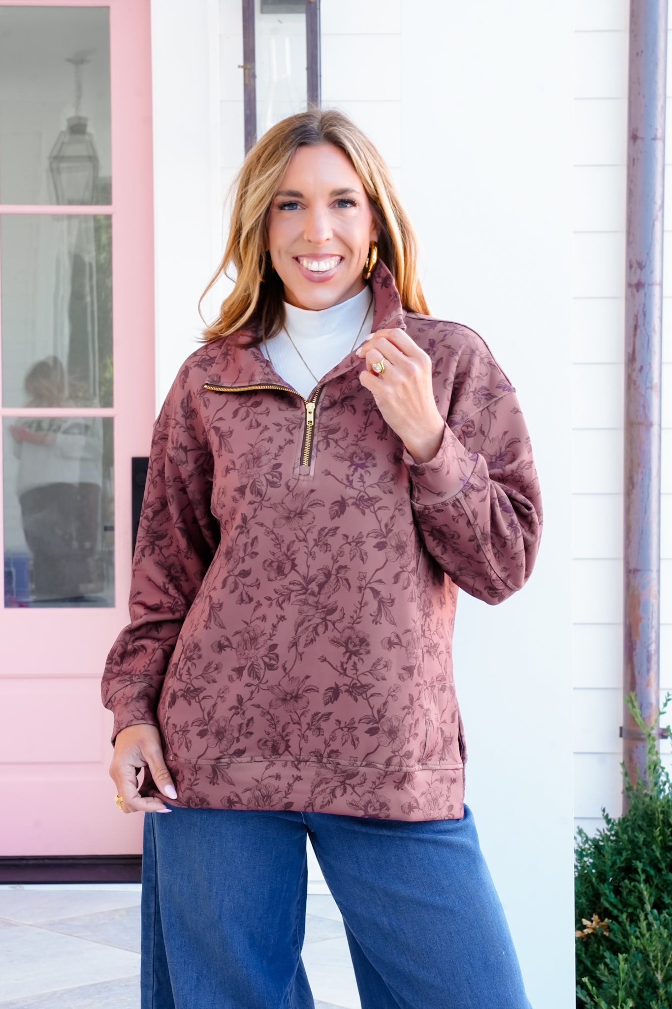 Plus/Reg Rosewood Print Long Sleeve 1/4 Zip Pullover Top