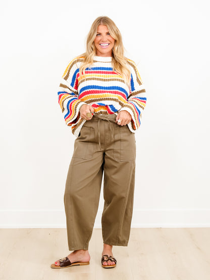 Olive Elastic Waist Barrel Leg Pants