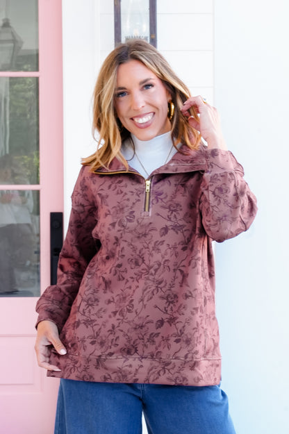 Plus/Reg Rosewood Print Long Sleeve 1/4 Zip Pullover Top