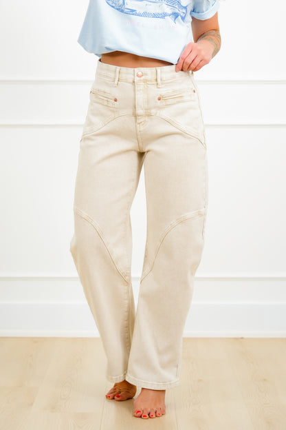 Saige High Rise Beige Tummy Control Barrel Jeans with Elastic Waistband