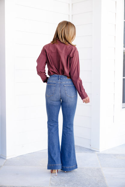 Judy Blue High Rise Medium Wash Tummy Control Flare Jeans with Double Button Waistband