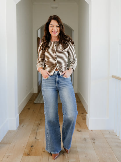 Risen High Rise Medium Wash Wide Leg Jeans With Contrast Side Panel