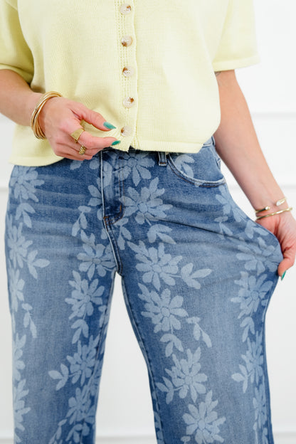 Daisy Print High Waist Wide Leg Jeans