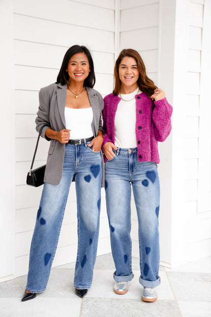 Risen High Rise Medium Wash Heart Print Wide Leg Jeans