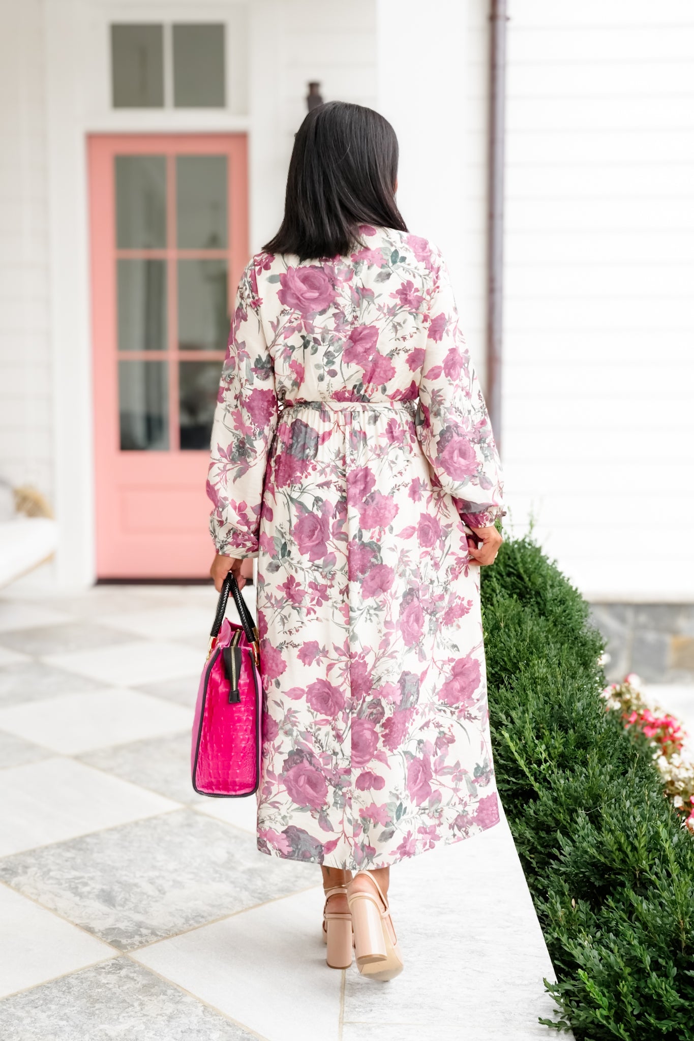 Floral Print Long Sleeve Tie at Waist Midi Dress