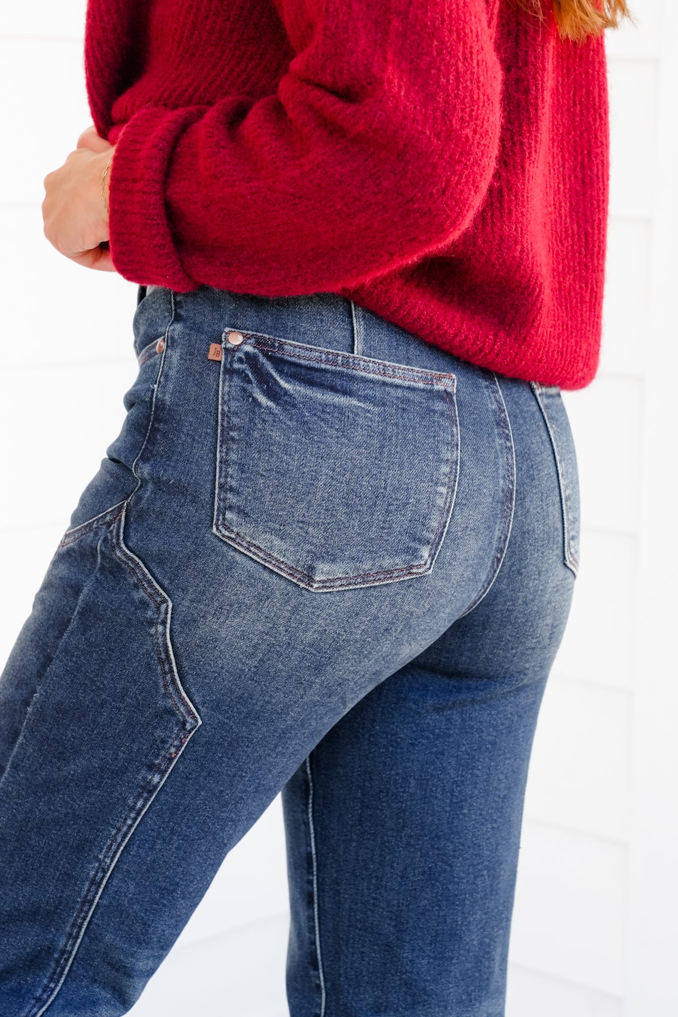 Judy Blue Mid Rise Dark Wash Straight Leg Jeans with Western Style Seam