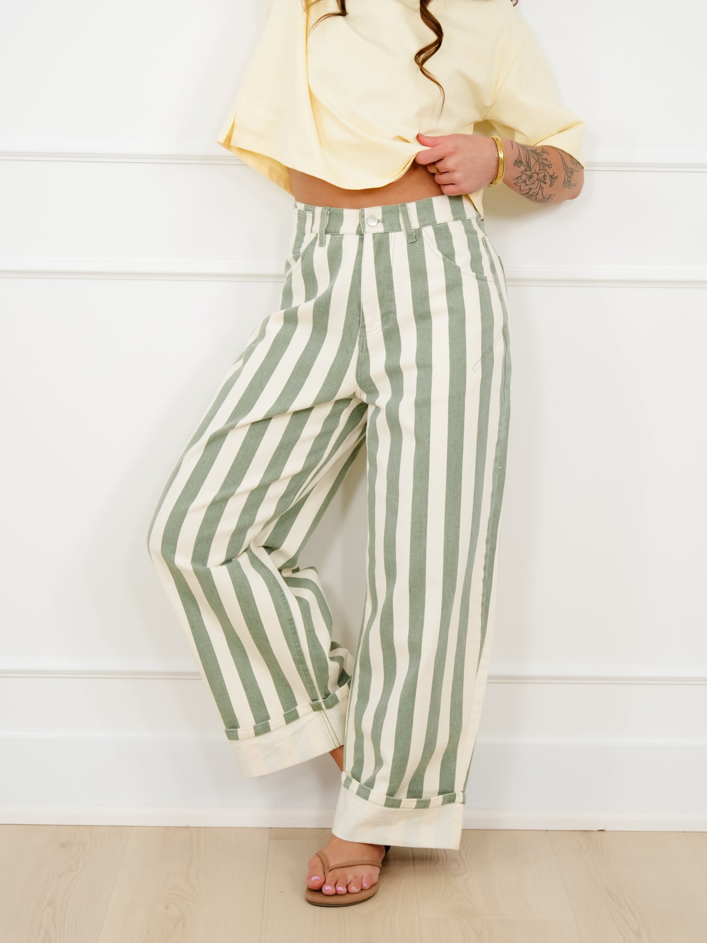 Stripe High Waist Cuffed Leg Barrel Pants