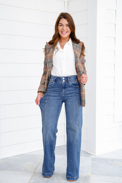 Risen The Statement Straight High Rise Medium Wash Ankle Wide Leg Jeans with Front Seam
