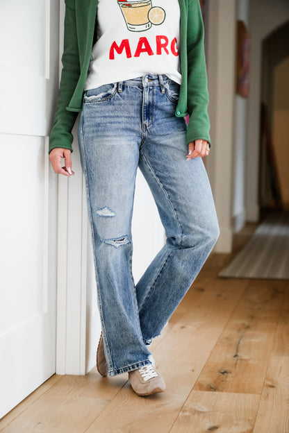 Judy Blue Mid Rise Medium Wash Rigid Magic Distressed 90's Straight Leg Jeans