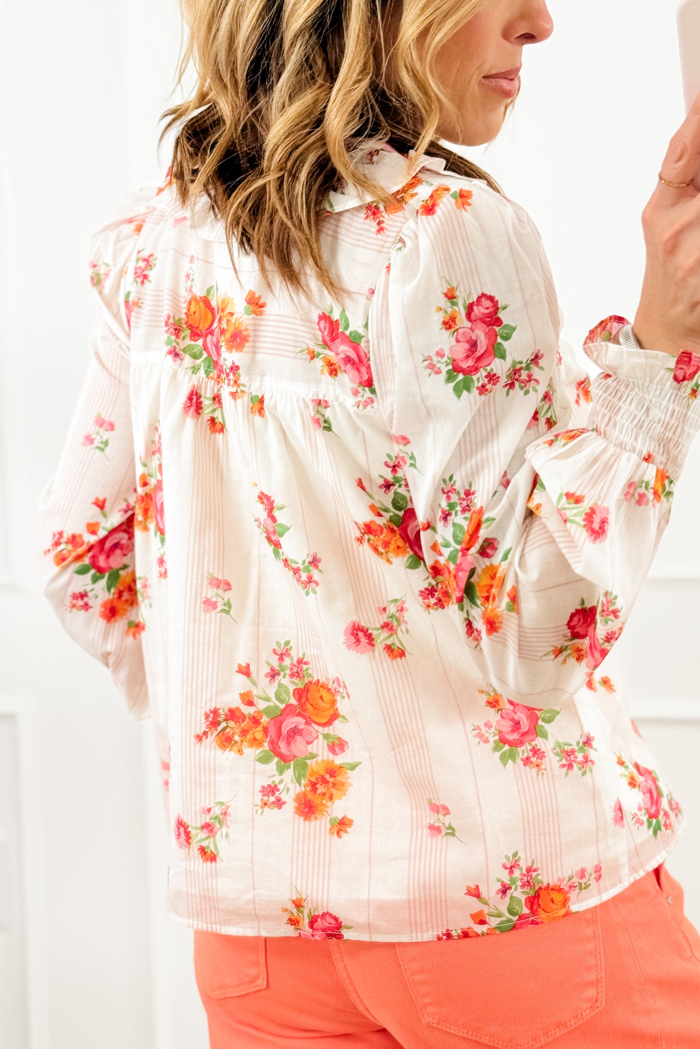 Floral & Stripe Print Long Sleeve Button Up Blouse