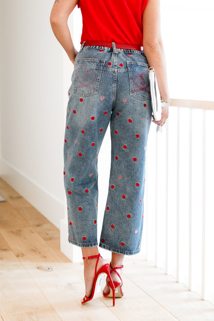Medium Washed High Rise Embroidered Hearts Jeans