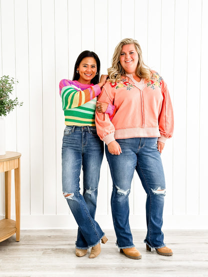 Judy Blue High Rise Medium Wash Destroyed Knee & Frayed Hem Straight Leg Jeans