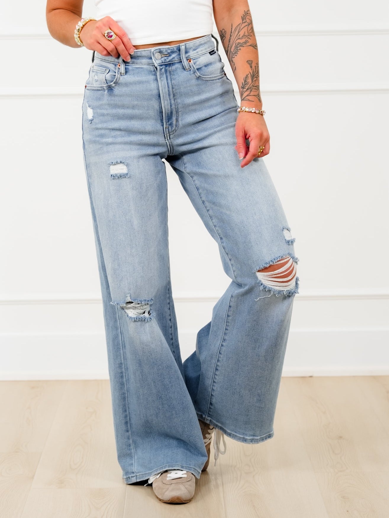 Cello High Rise Light Wash Distressed Wide Leg Jeans