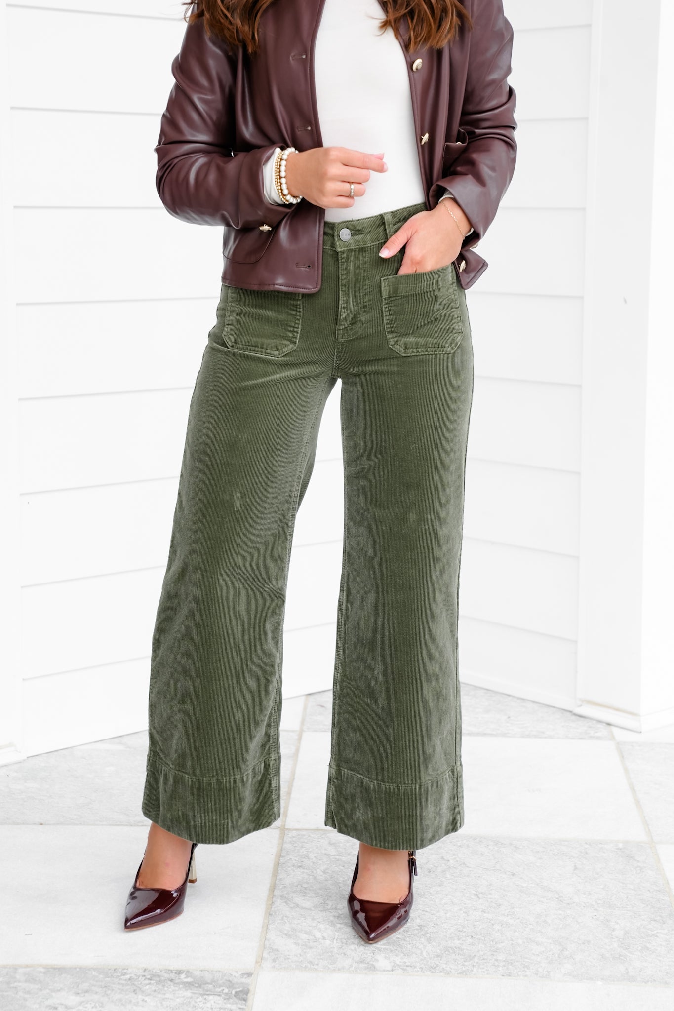 Risen High Rise Green Wide Leg Corduroy Pants with Patch Pockets