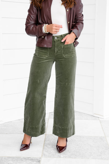 Risen High Rise Green Wide Leg Corduroy Pants with Patch Pockets