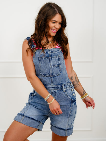 Saige Medium Wash Bermuda Overalls