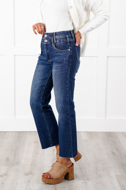 Special A High Rise Dark Wash Dad Jeans with Double Waist Detail