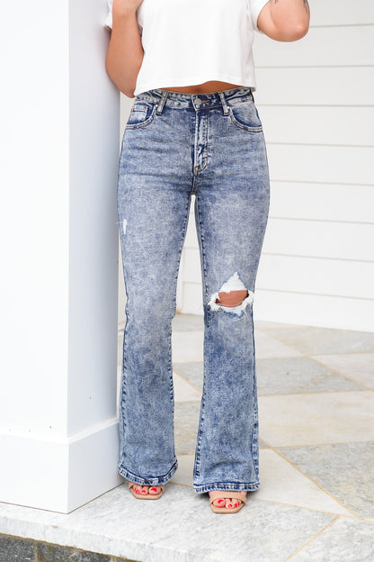 Risen Crush Hour High Rise Medium Acid Wash Distressed Flare Jeans