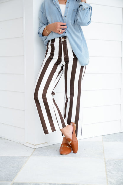 Mica High Rise Brown and Cream Striped Cropped Wide Leg Jeans