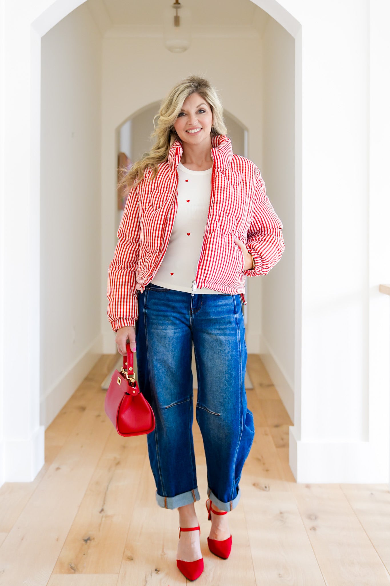 Gingham Print Puffer Jacket with Heart Quilting