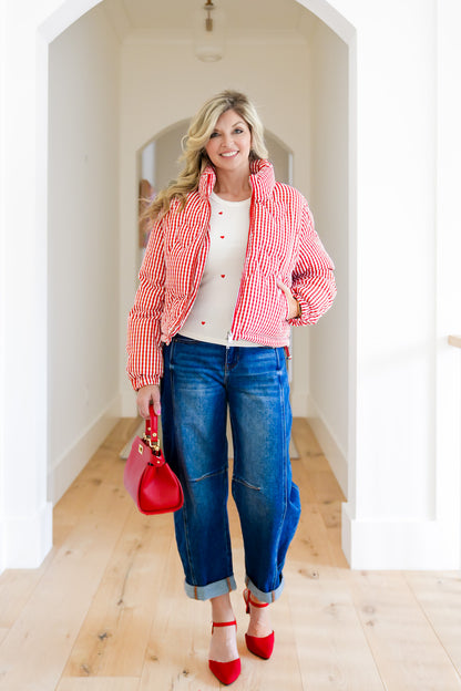 Gingham Print Puffer Jacket with Heart Quilting