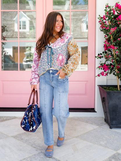 Patchwork Print Long Sleeve Tie Front Top