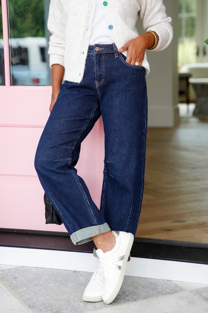 Risen High Rise Dark Wash Textured Barrel Jeans