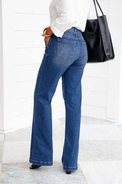 Risen High Rise Dark Wash Wide Leg Jeans with Belt