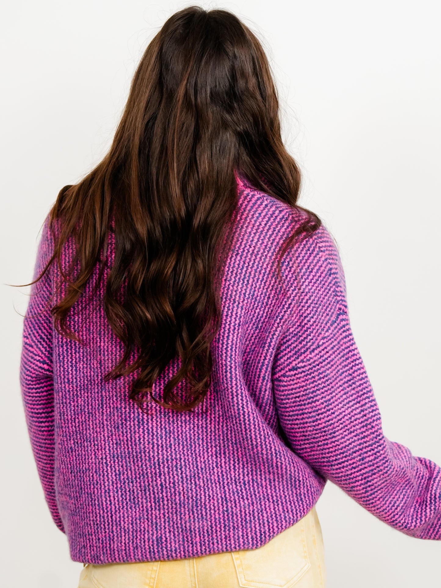 Striped Long Sleeve Mock Neck Sweater Cardigan With Colorful Buttons