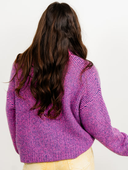 Striped Long Sleeve Mock Neck Sweater Cardigan With Colorful Buttons