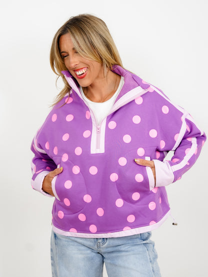 Polka Dot Long Sleeve Half Zip Jacket with Contrast Trim