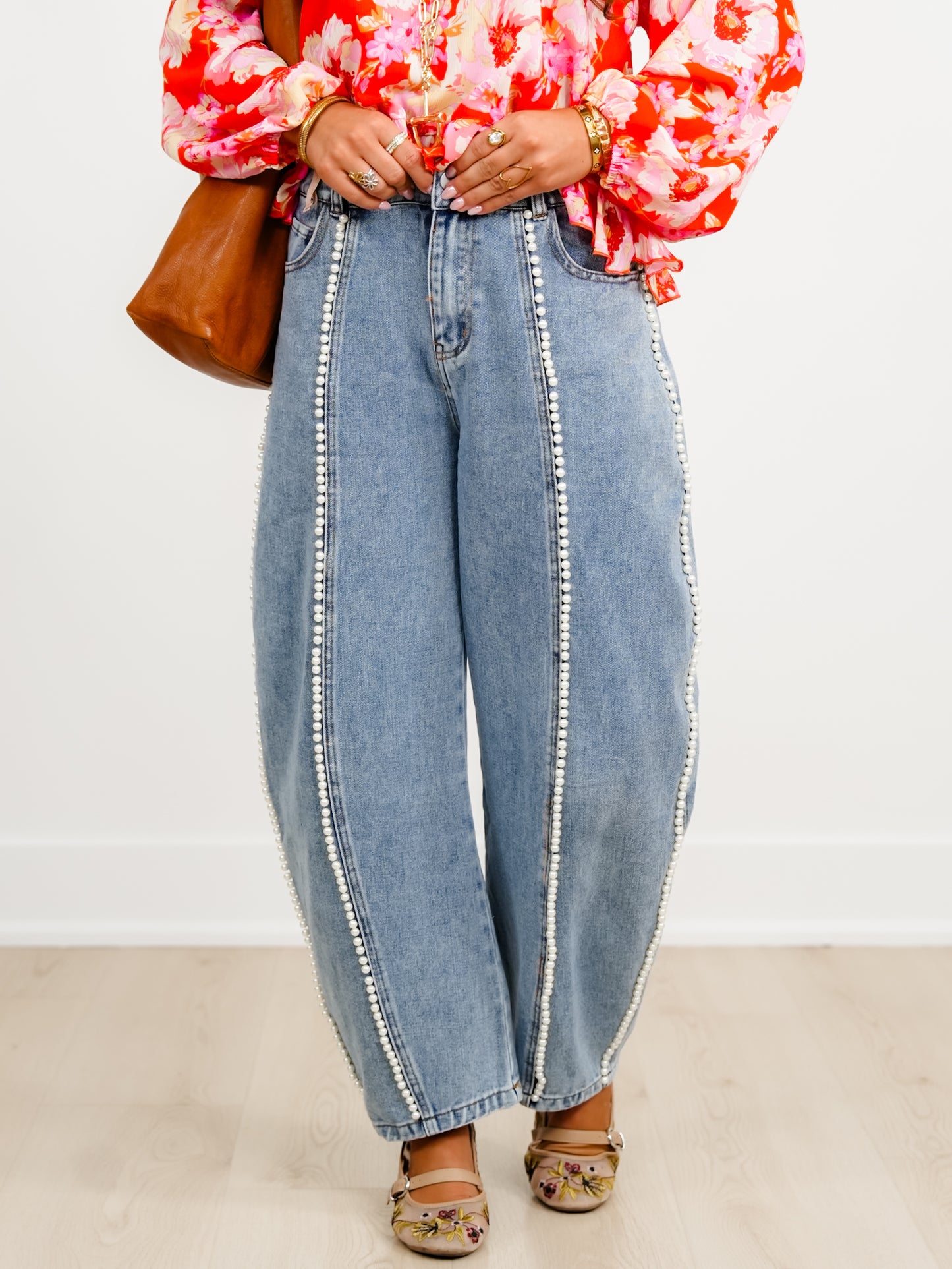 Light Wash High Waist Barrel Jeans with Pearl Detail
