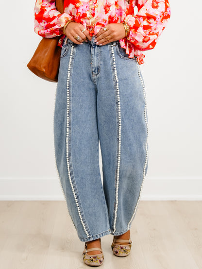 Light Wash High Waist Barrel Jeans with Pearl Detail