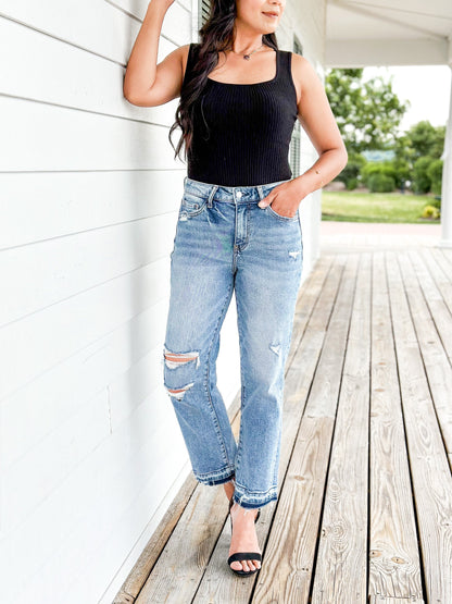 Plus/Reg Vervet High Rise Distressed Cropped Straight Leg Jeans
