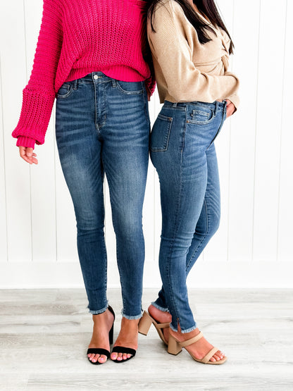 Judy Blue What Dreams are Made Of High Rise Medium Wash Tummy Control Side Slit With Frayed Hem Skinny Jeans