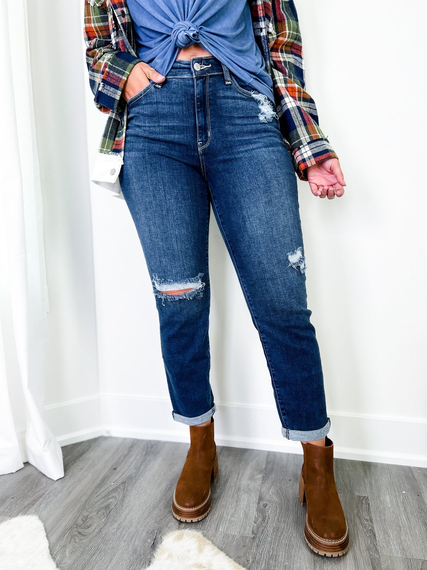 Judy Blue  Casual Friday High Rise Cuffed Boyfriend Distressed Jeans