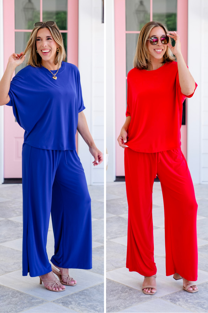 Plus/Reg Solid 3/4 Dolman Sleeve Top and Wide Leg Pant Set