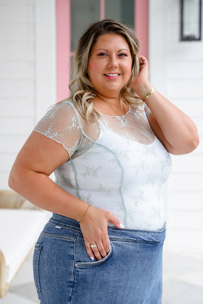 Floral Mesh Short Sleeve Top with Ruching Detail