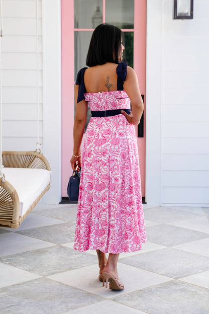 Pink Floral Sleeveless Midi Dress with Side Pockets